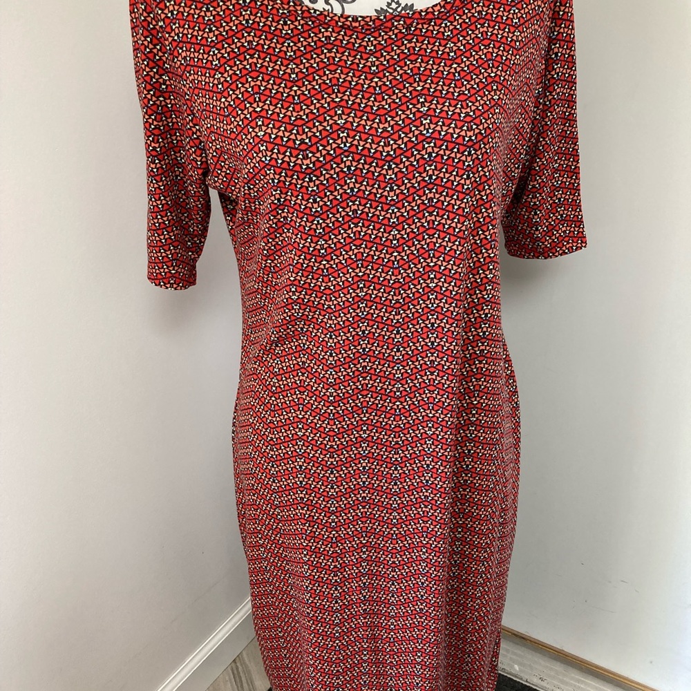 LulaRoe Julia Dress, size L, red, peach, light yellow, light blue.